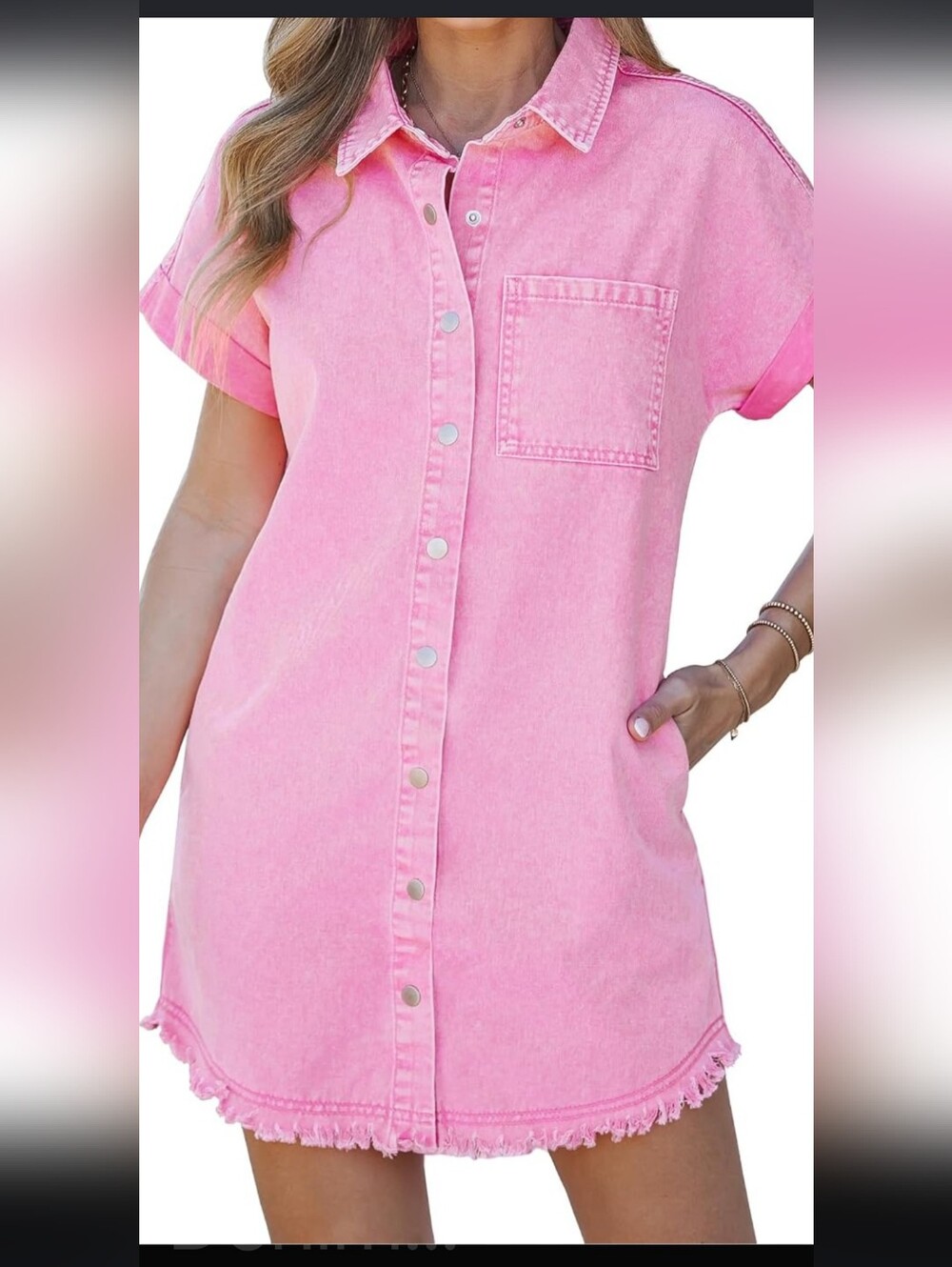 Women’s Pink Button-Front Mini Shirt Dress with Frayed Hem